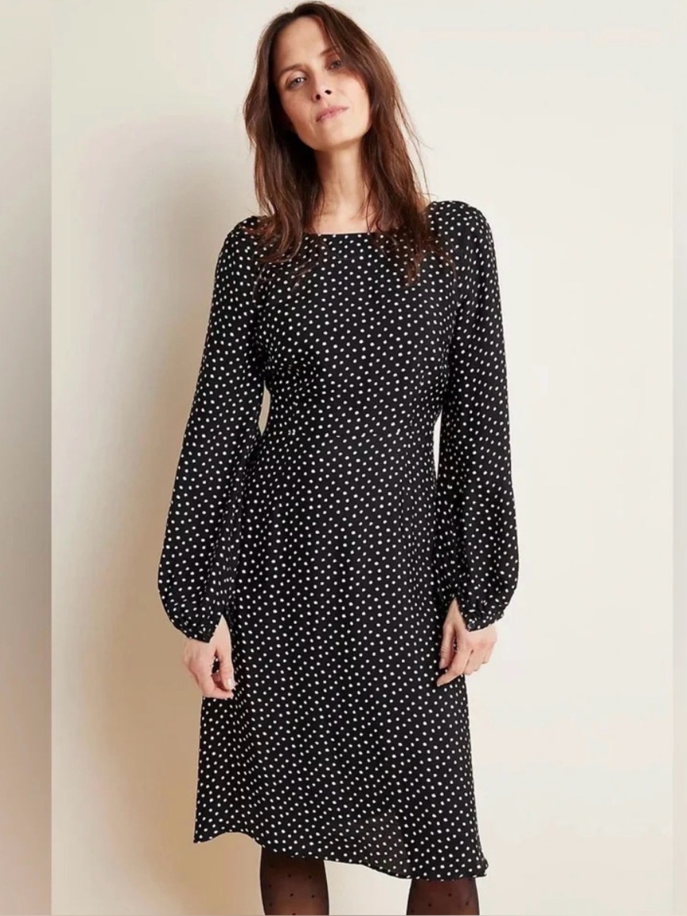 Black Polka Dot Long-Sleeve Midi Dress